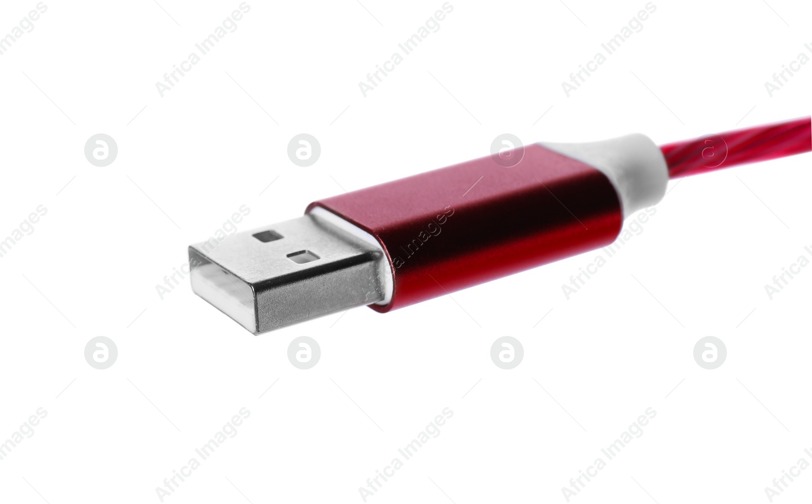 Photo of Red USB cable isolated on white. Modern technology