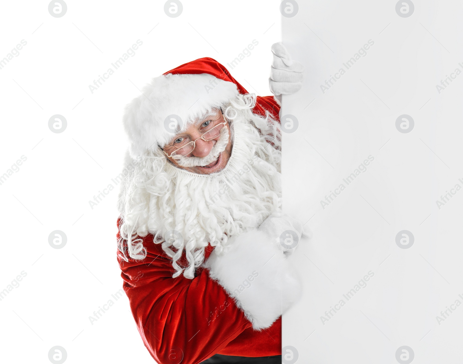 Photo of Authentic Santa Claus with blank poster on white background