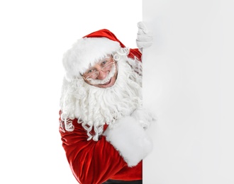 Photo of Authentic Santa Claus with blank poster on white background