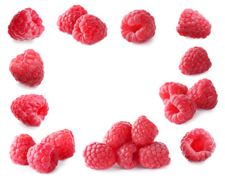 Frame of fresh ripe raspberries on white background