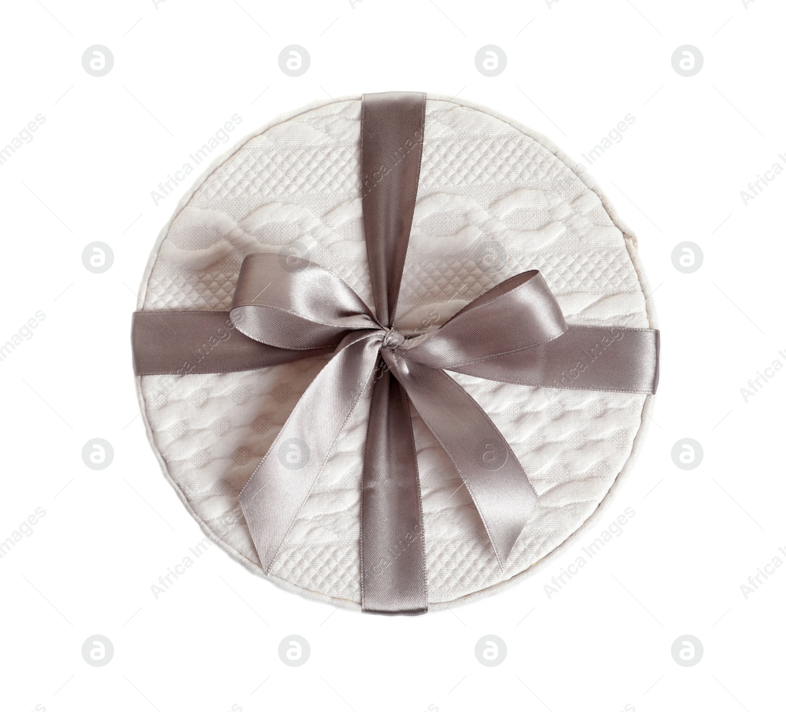 Photo of Gift box with ribbon on white background, top view