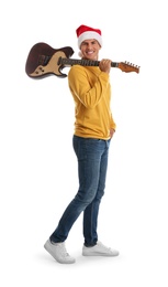 Man in Santa hat with electric guitar on white background. Christmas music