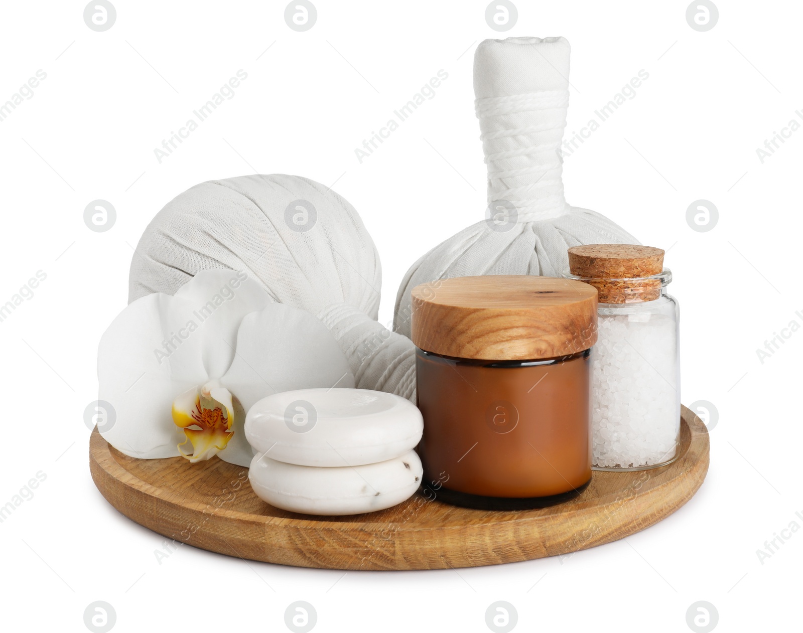 Photo of Beautiful spa composition with different body care products isolated on white