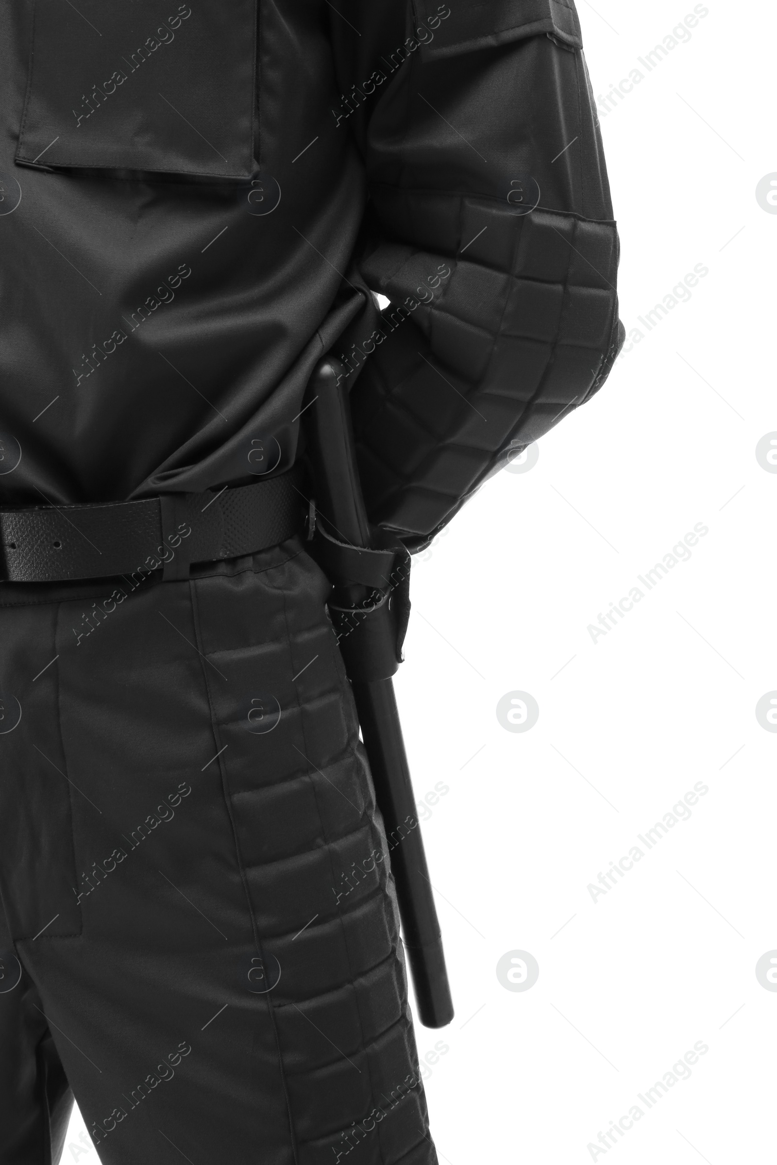 Photo of Male security guard in uniform on white background, closeup