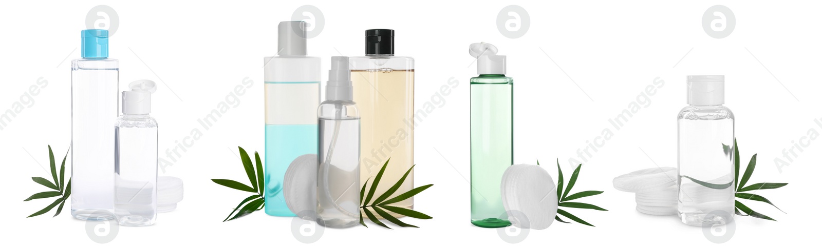 Image of Set with bottles of micellar cleansing water, cotton pads and green leaves on white background