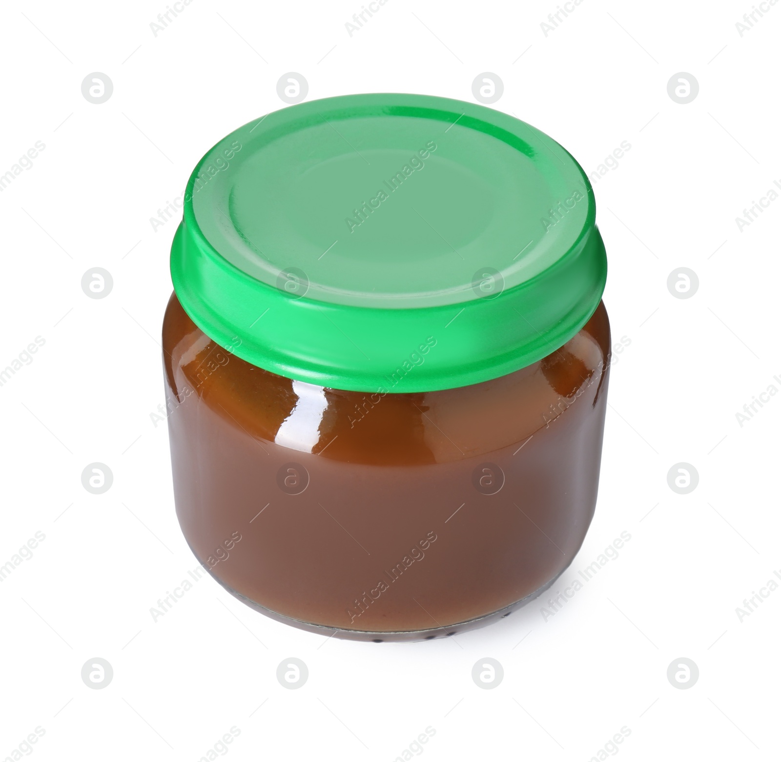 Photo of Baby food. Tasty healthy puree in jar isolated on white