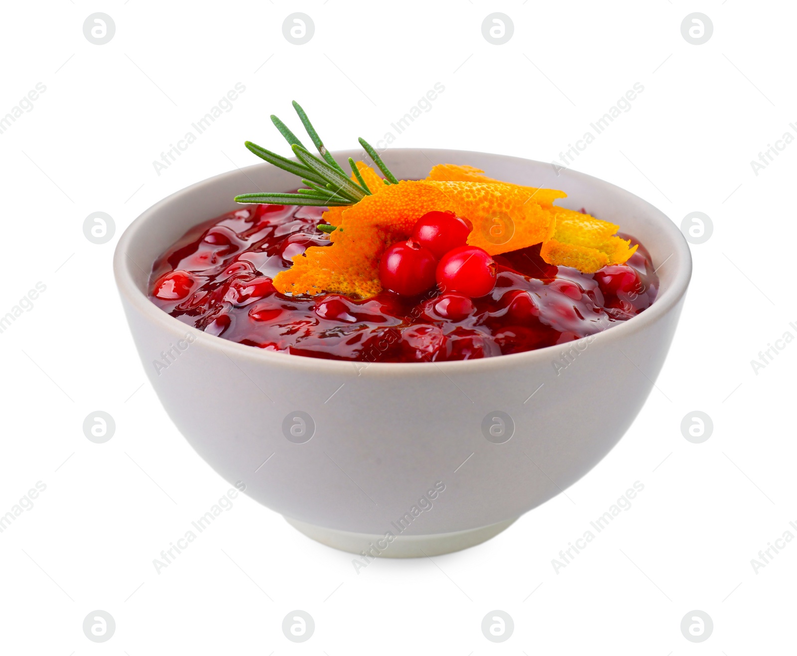 Photo of Fresh cranberry sauce, rosemary and orange peel in bowl isolated on white