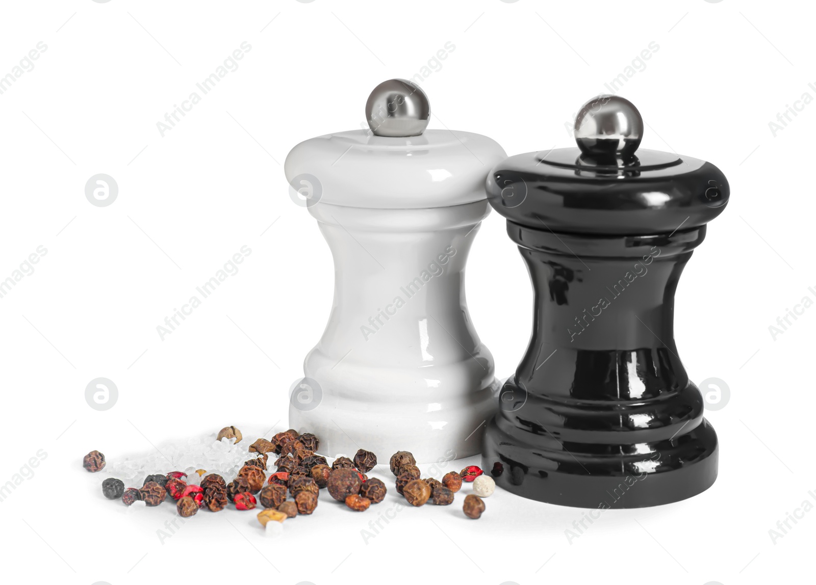 Photo of Two shakers with pepper and salt isolated on white