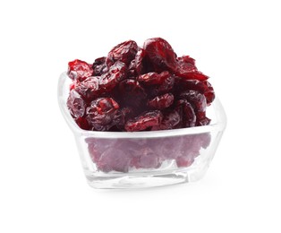 Photo of Dried cranberries in glass bowl isolated on white
