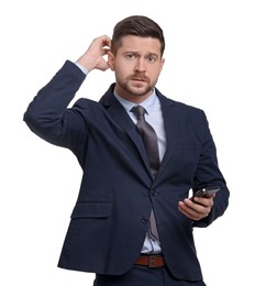 Handsome bearded businessman in suit using smartphone on white background