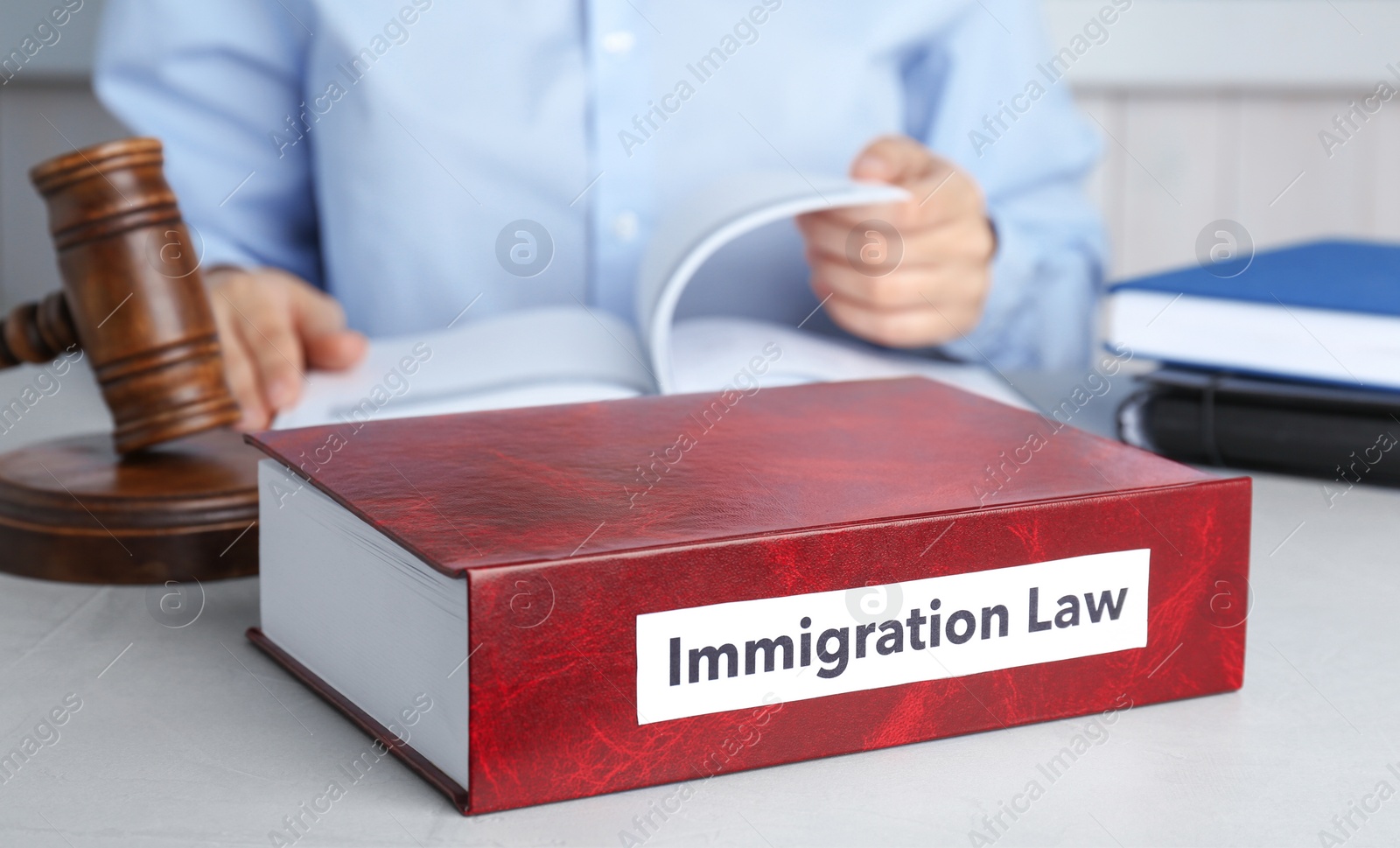 Photo of Book with words IMMIGRATION LAW, gavel and blurred person on background
