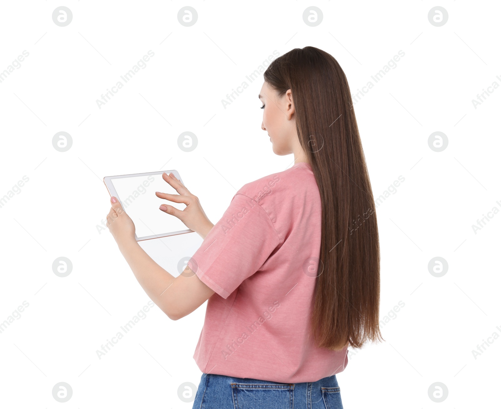 Photo of Woman using tablet with blank screen on white background. Mockup for design