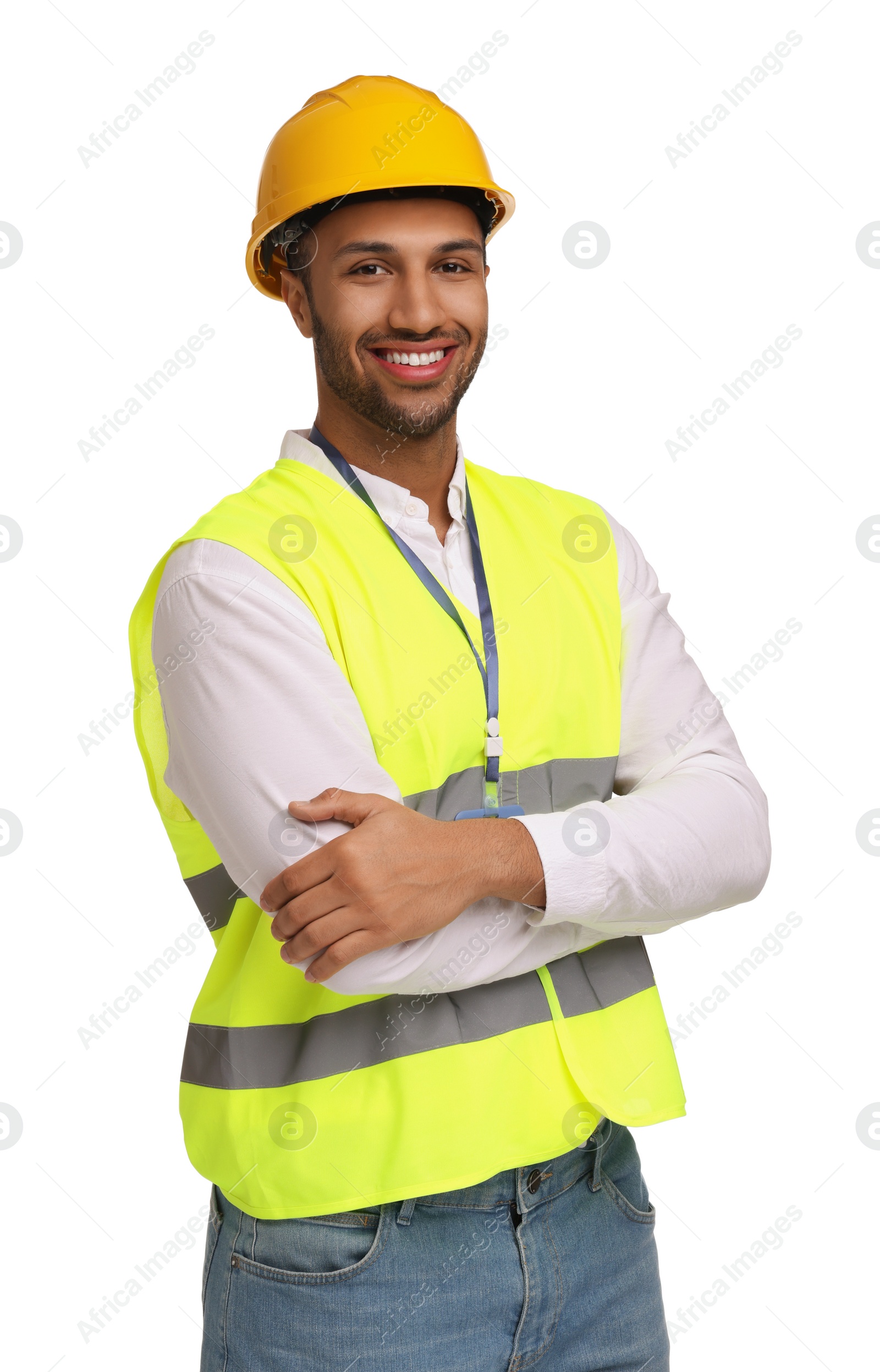 Photo of Engineer in hard hat on white background