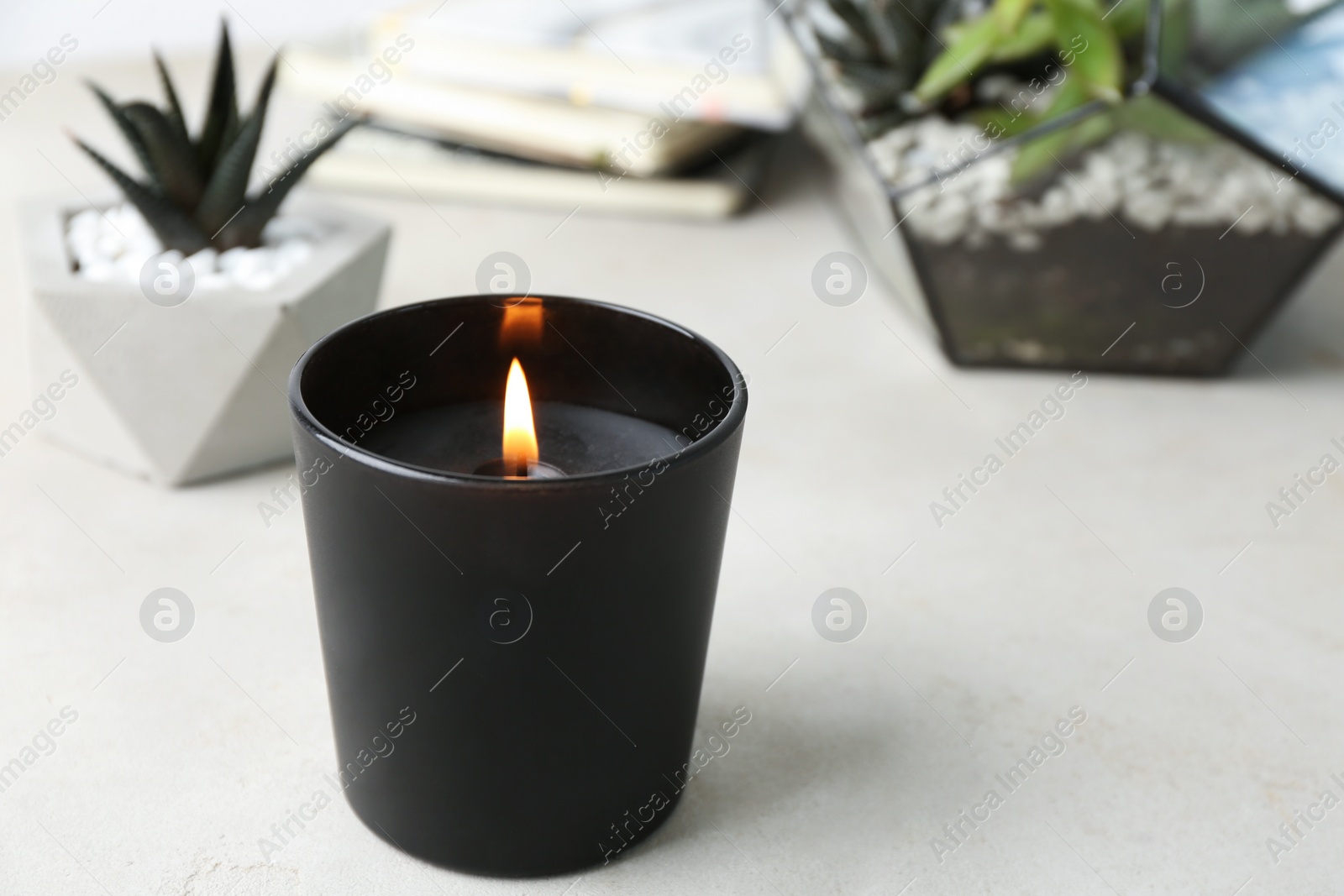 Photo of Burning candle and plants on white table, space for text