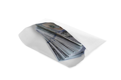 Photo of Envelope with dollar bills isolated on white. Bribe concept