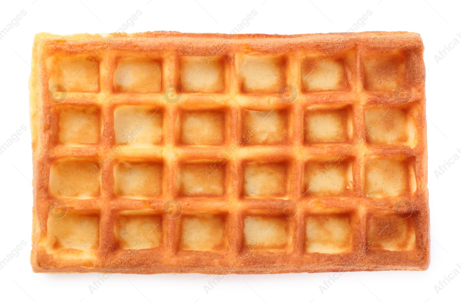 Photo of One delicious Belgian waffle isolated on white, top view