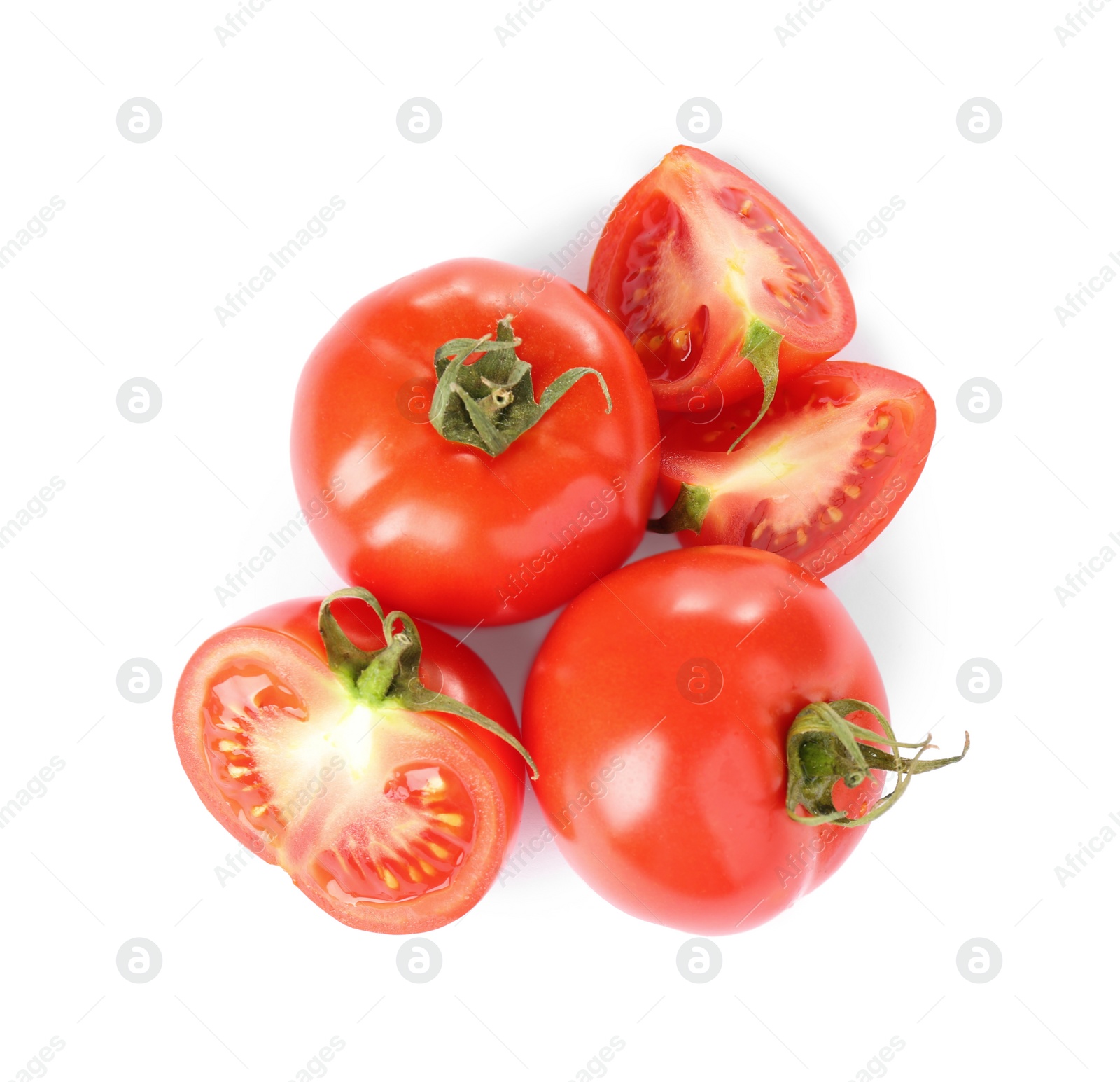 Photo of Tasty fresh raw tomatoes isolated on white, top view