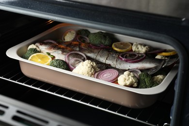 Baking tray with sea bass fish and vegetables in oven, closeup