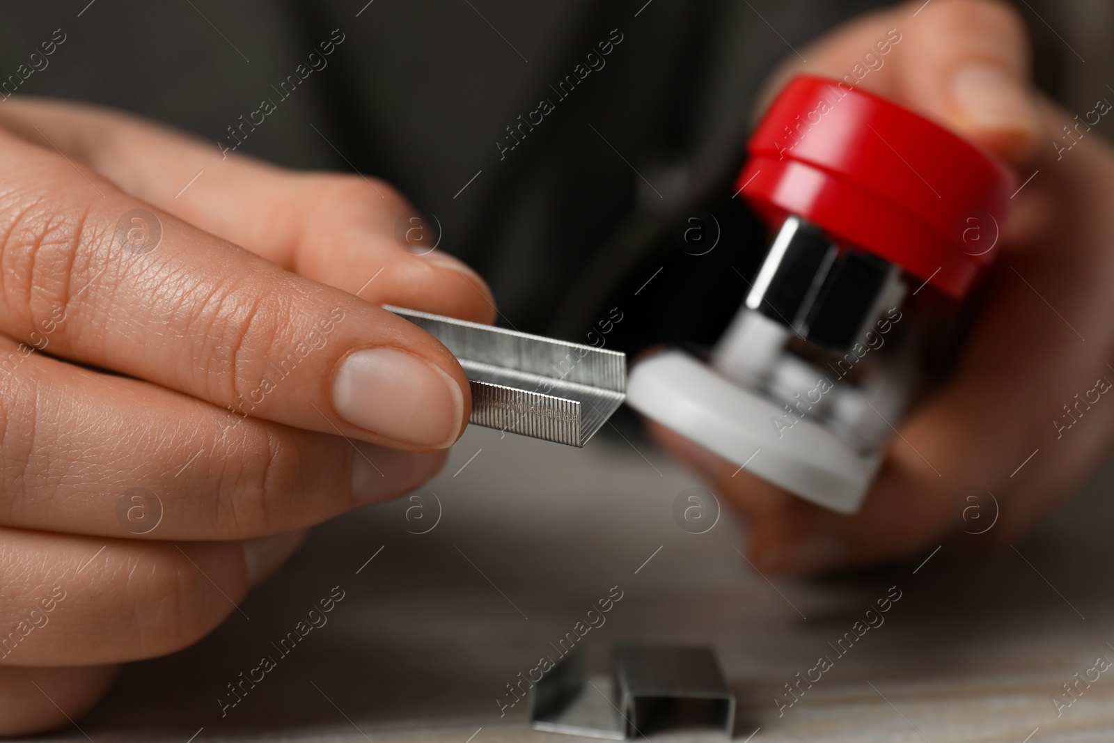 Photo of Woman putting metal staples into stapler at table, selective focus