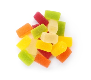 Photo of Pile of assorted jelly candies on white background, top view