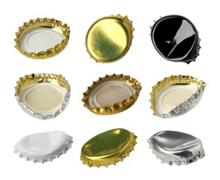 Different beer bottle caps isolated on white, set