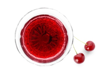 Delicious cherry wine with ripe juicy berries isolated on white, top view