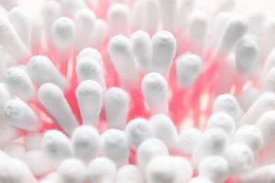 Many cotton buds as background, closeup view