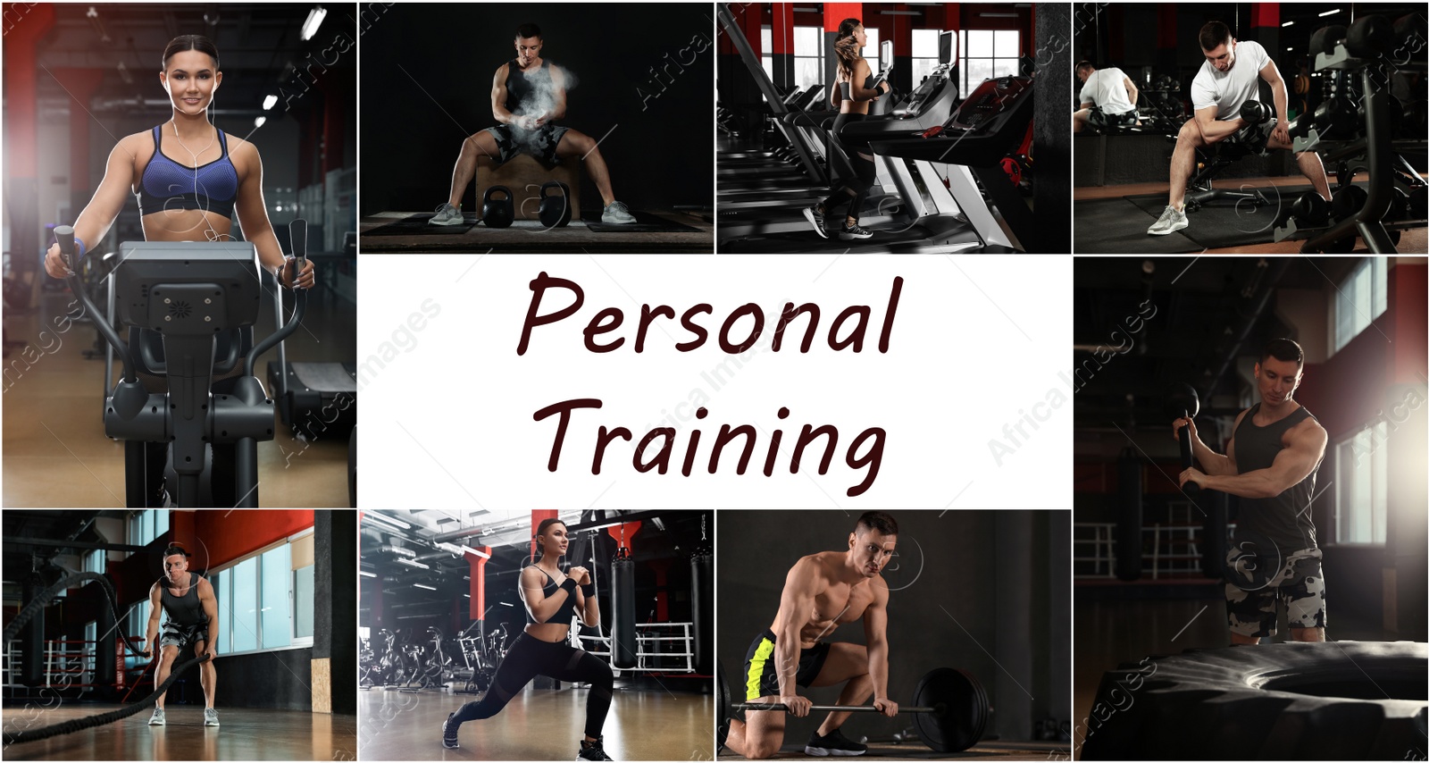 Image of Collage of people in modern gym and text Personal Training