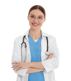 Portrait of doctor with stethoscope on white background