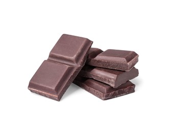 Pieces of delicious dark chocolate bar on white background