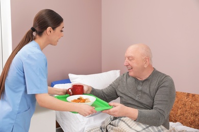 Photo of Nurse giving tray with food to senior patient in hospital ward. Medical assisting