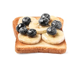 Photo of Delicious toast with bananas, blueberries and honey isolated on white