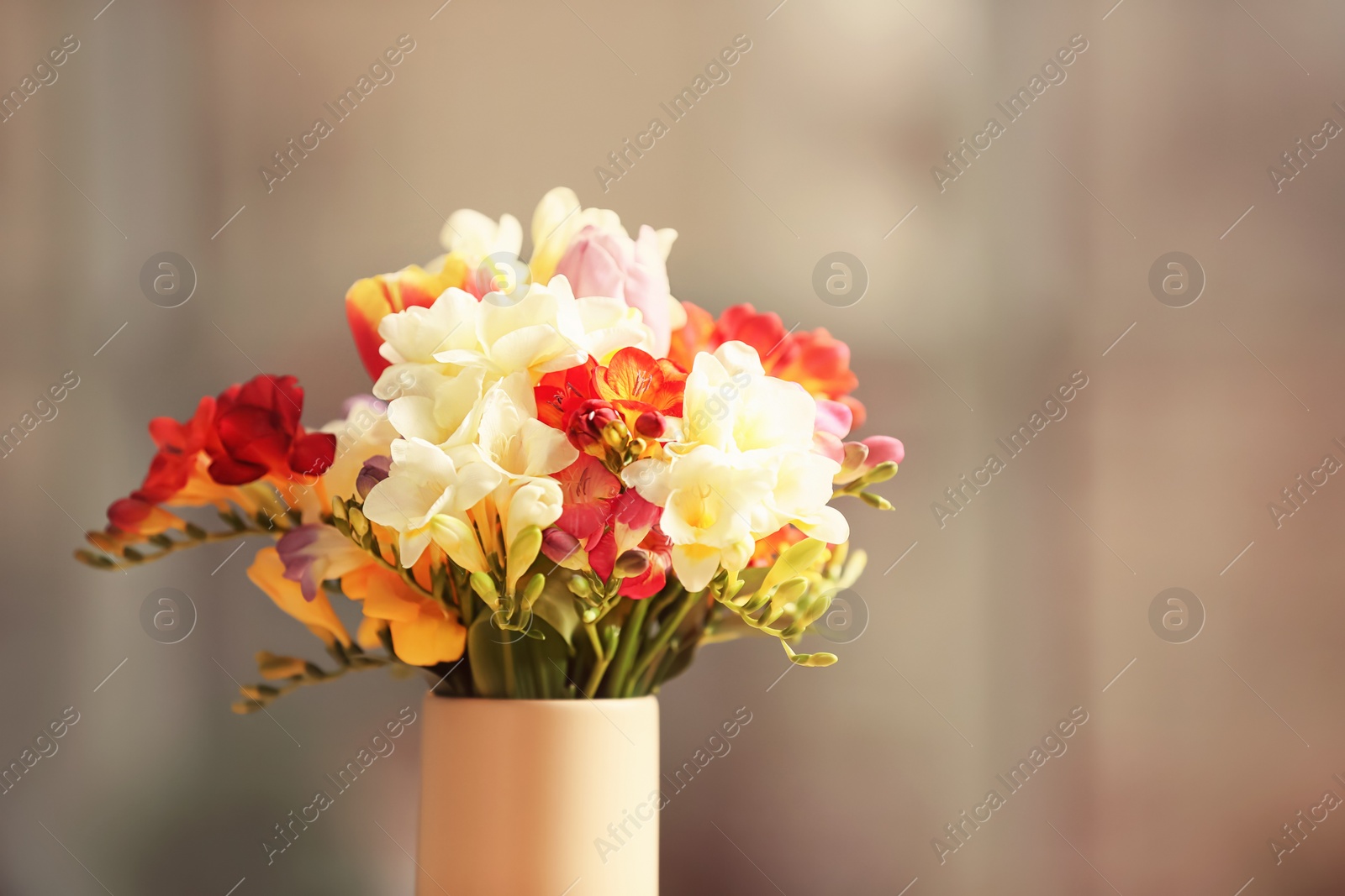 Photo of Beautiful bouquet of freesia flowers on blurred background