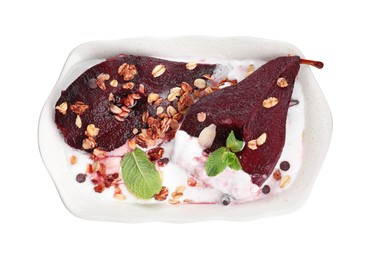 Tasty red wine poached pears with muesli and yoghurt isolated on white, top view