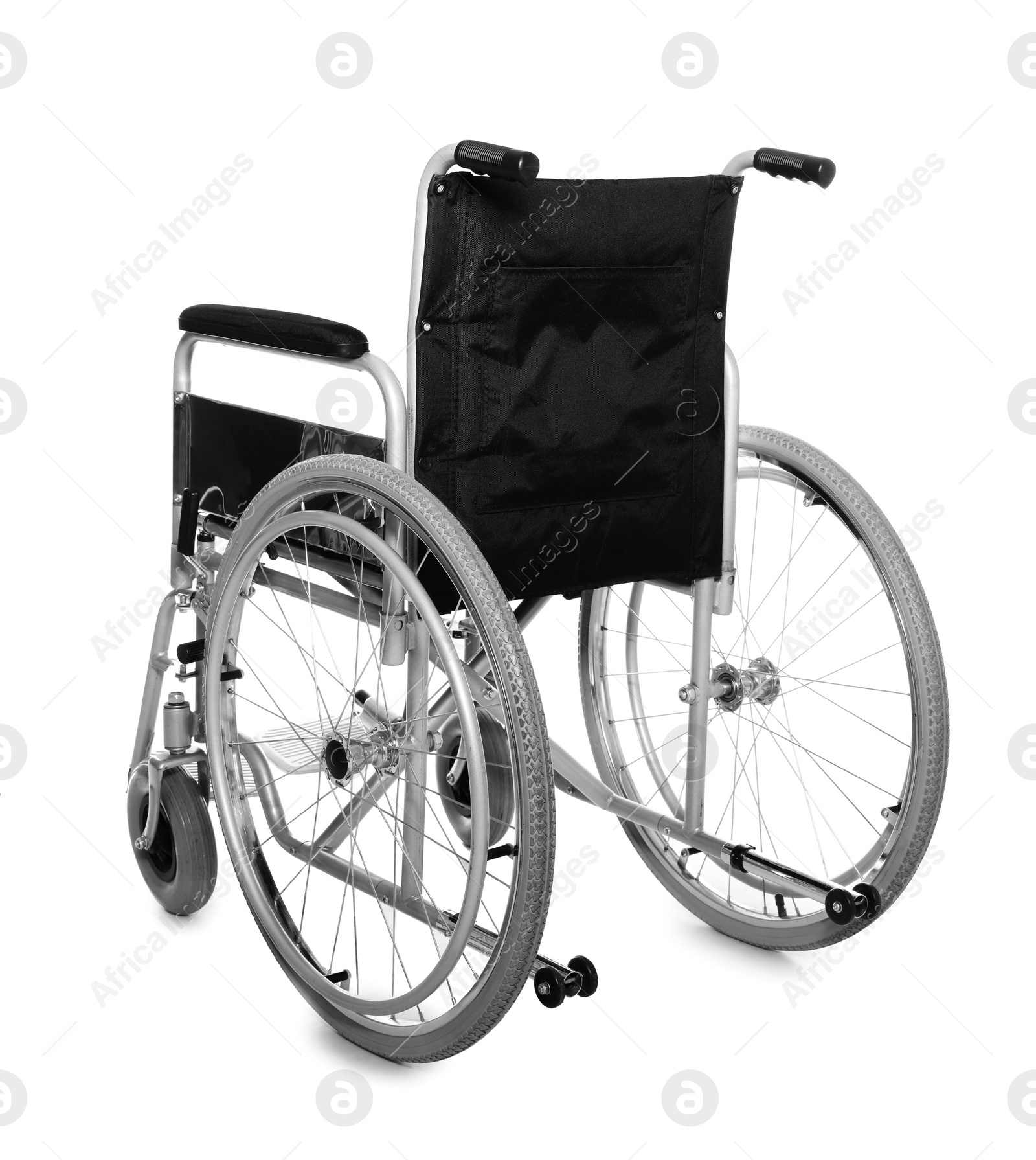 Photo of New modern empty wheelchair on white background