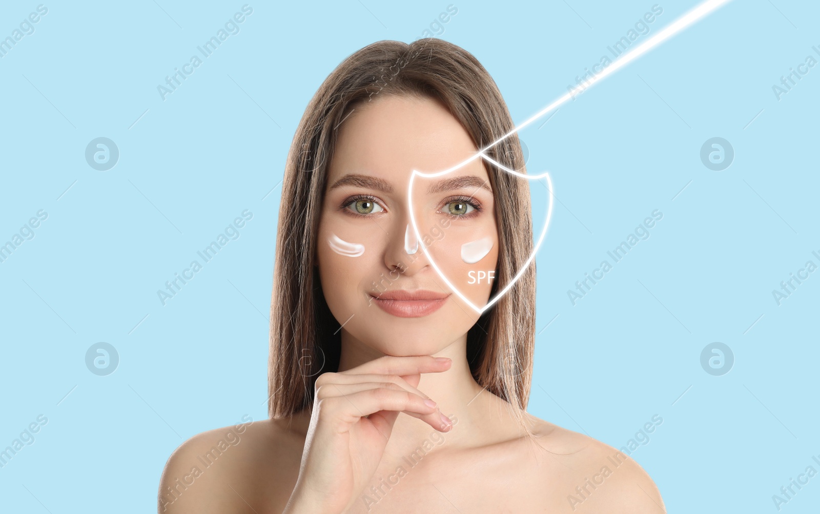 Image of SPF shield and beautiful young woman with healthy skin on blue background. Sun protection cosmetic product