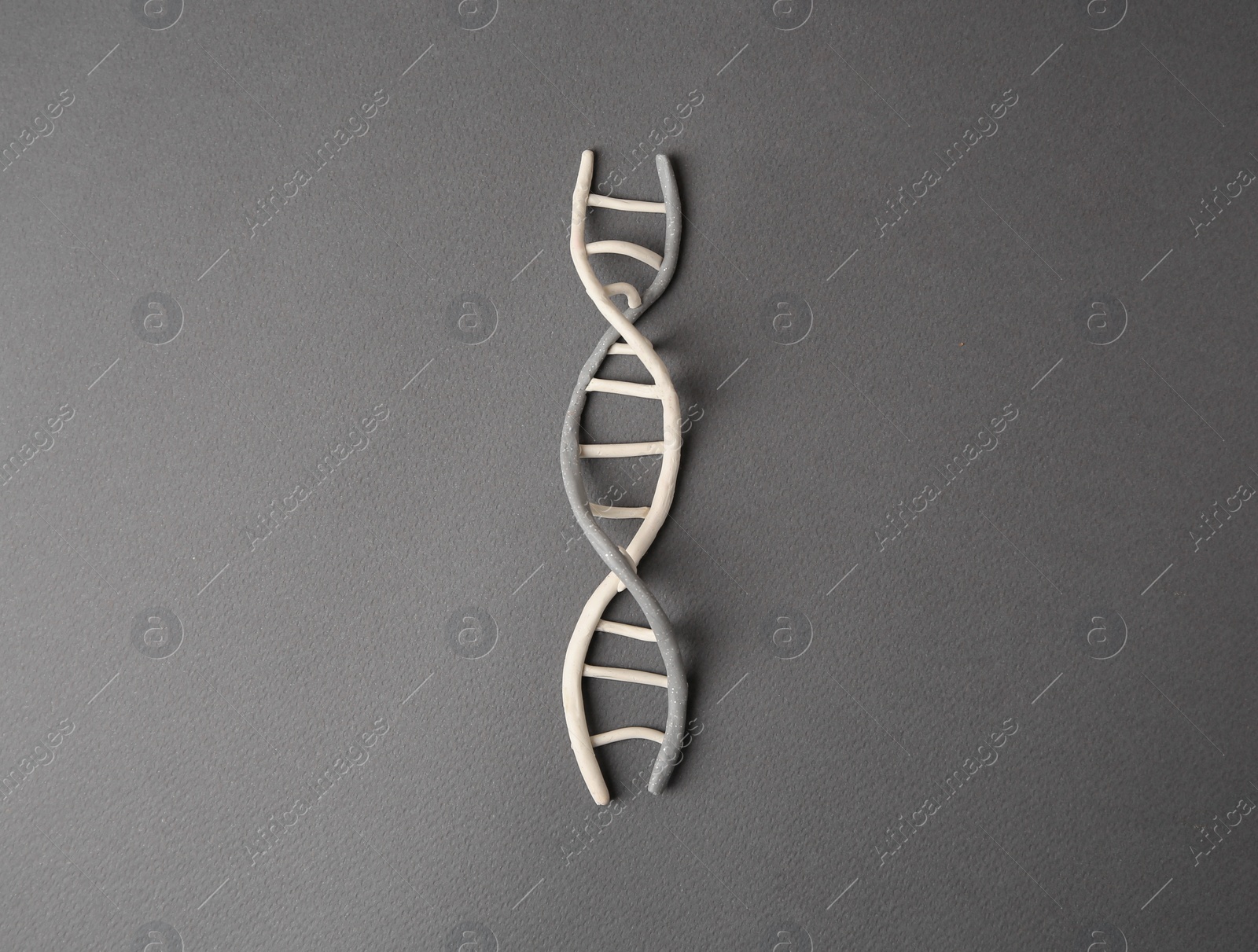 Photo of DNA molecule model made of grey plasticine on black background, top view