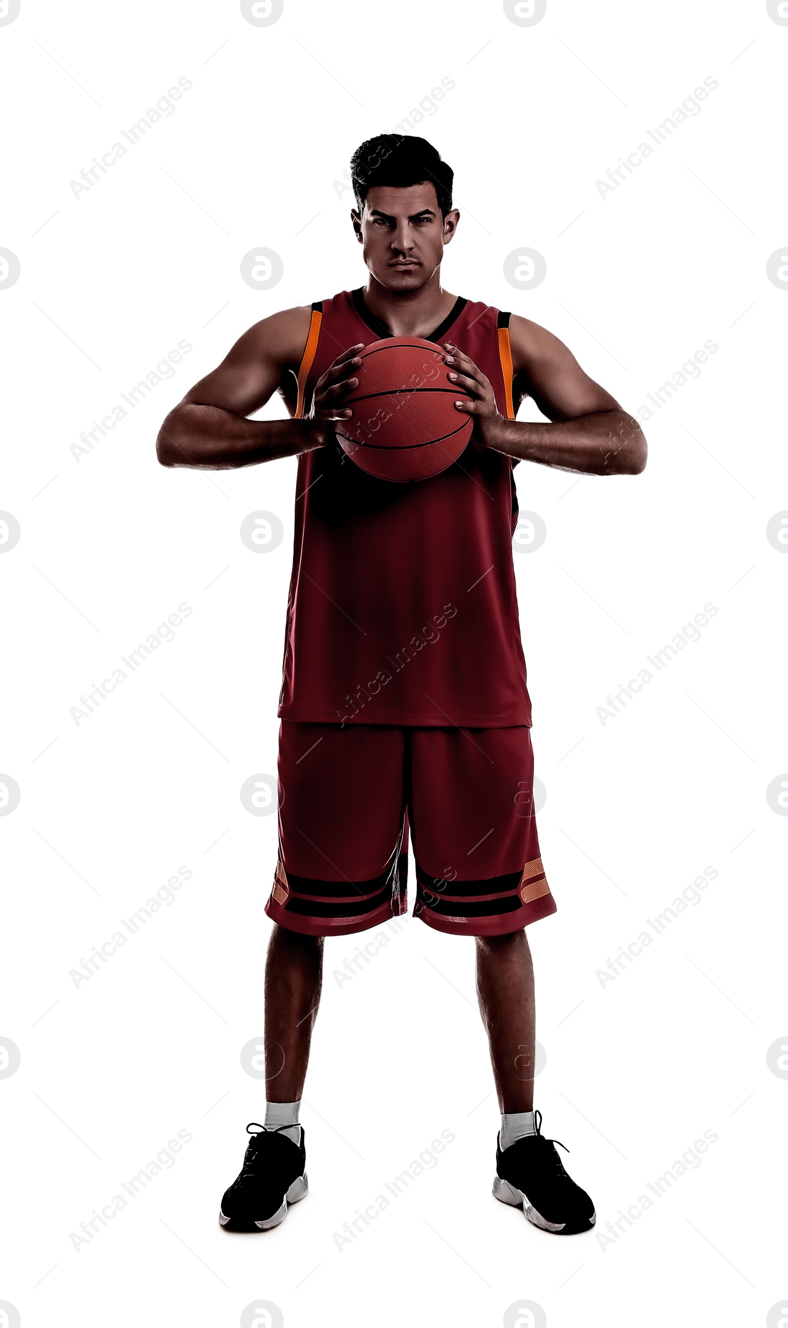 Image of Silhouette of basketball player with ball on white background