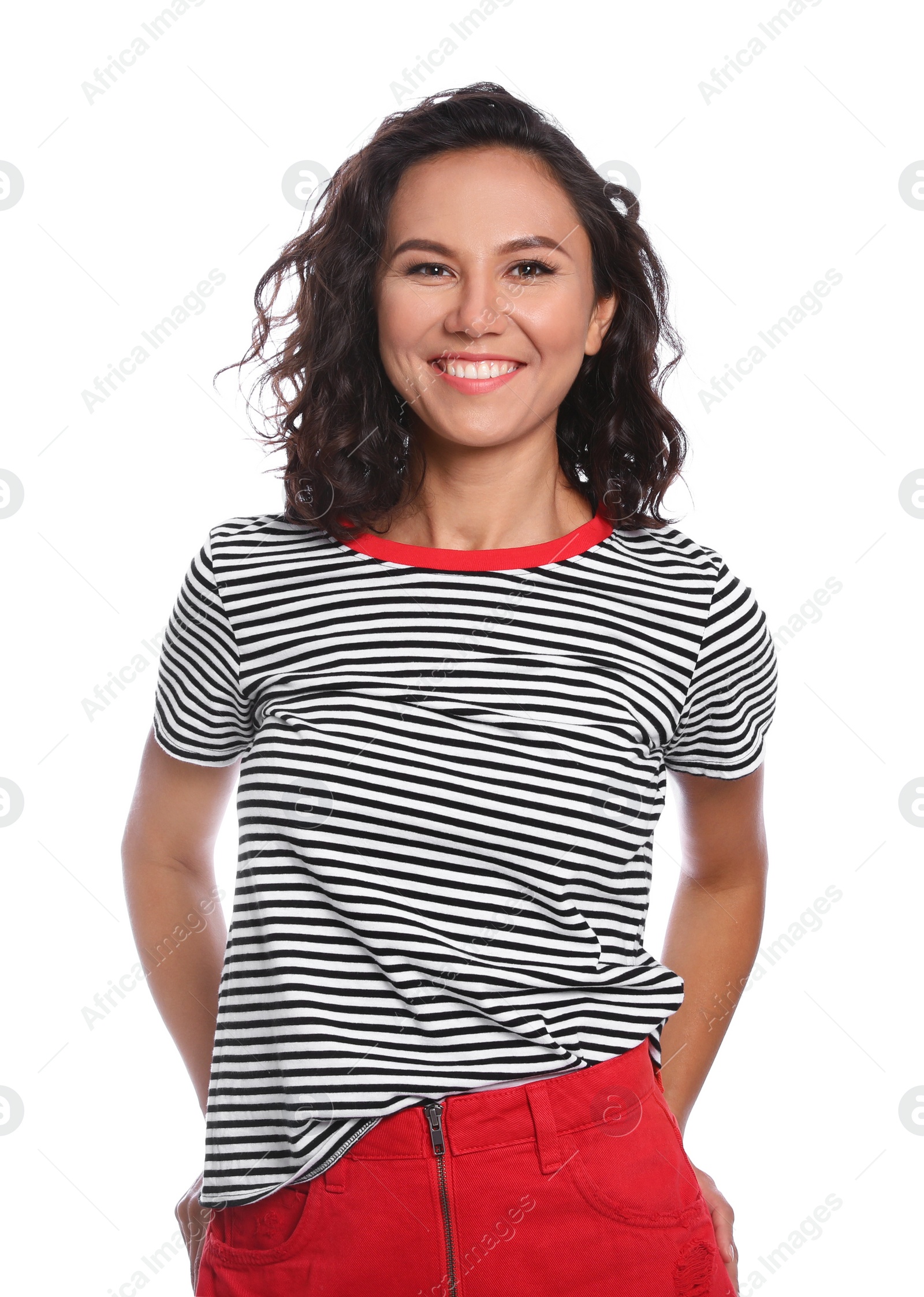 Photo of Portrait of happy young woman on white background