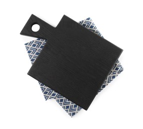 Photo of Black wooden cutting board and napkin isolated on white, top view