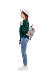 Photo of Woman in hat with backpack on white background