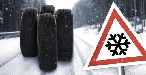 Image of Set of winter tires and road sign outdoors