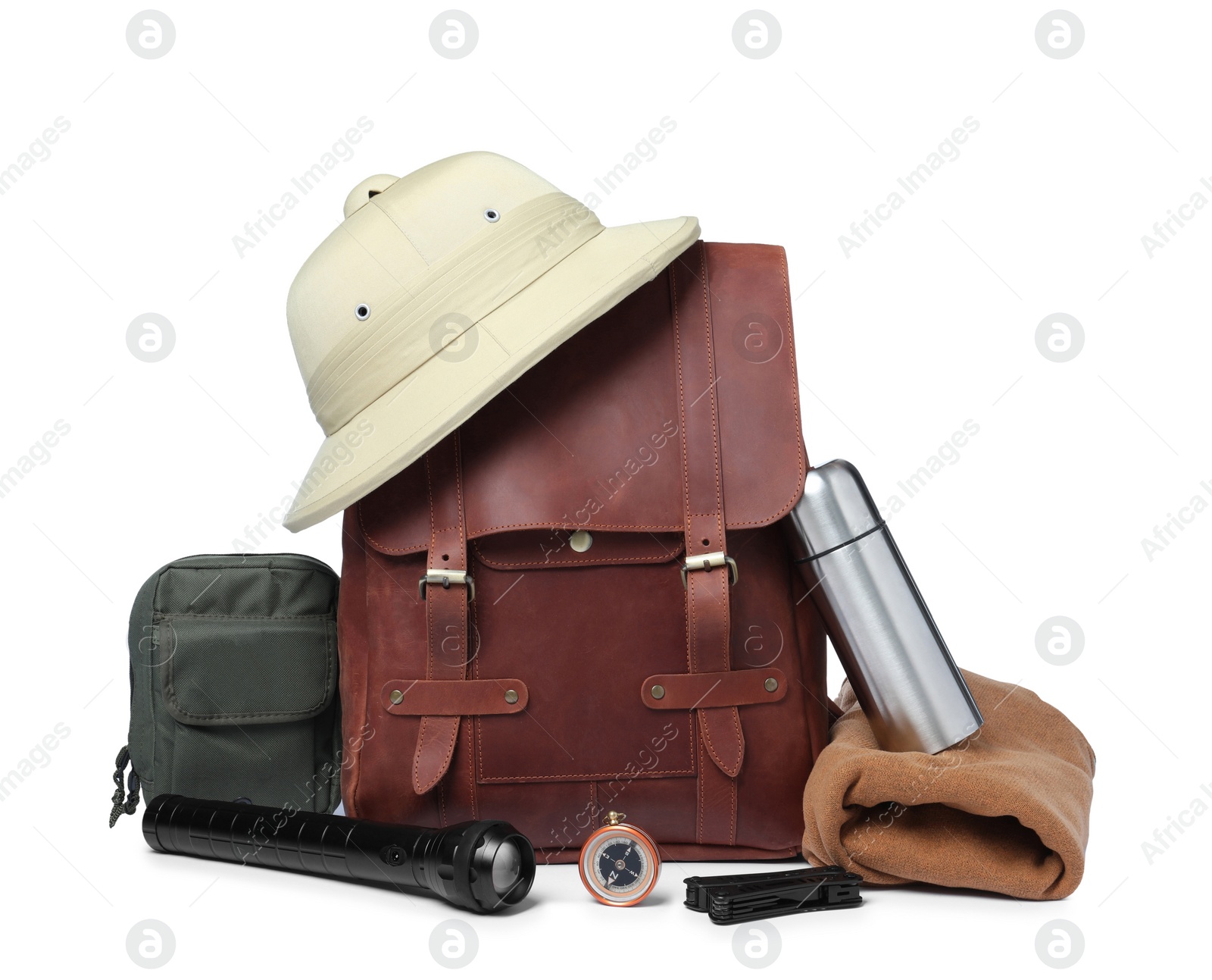 Photo of Set of camping equipment for tourist on white background