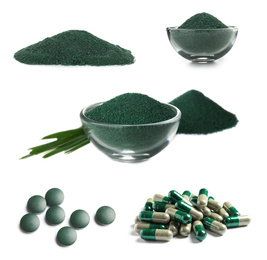 Image of Set of spirulina algae powder and pills on white background