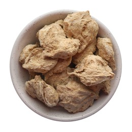 Photo of Dehydrated soy meat chunks in bowl on white background, top view