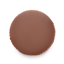 Photo of Delicious peanut butter cup isolated on white, top view