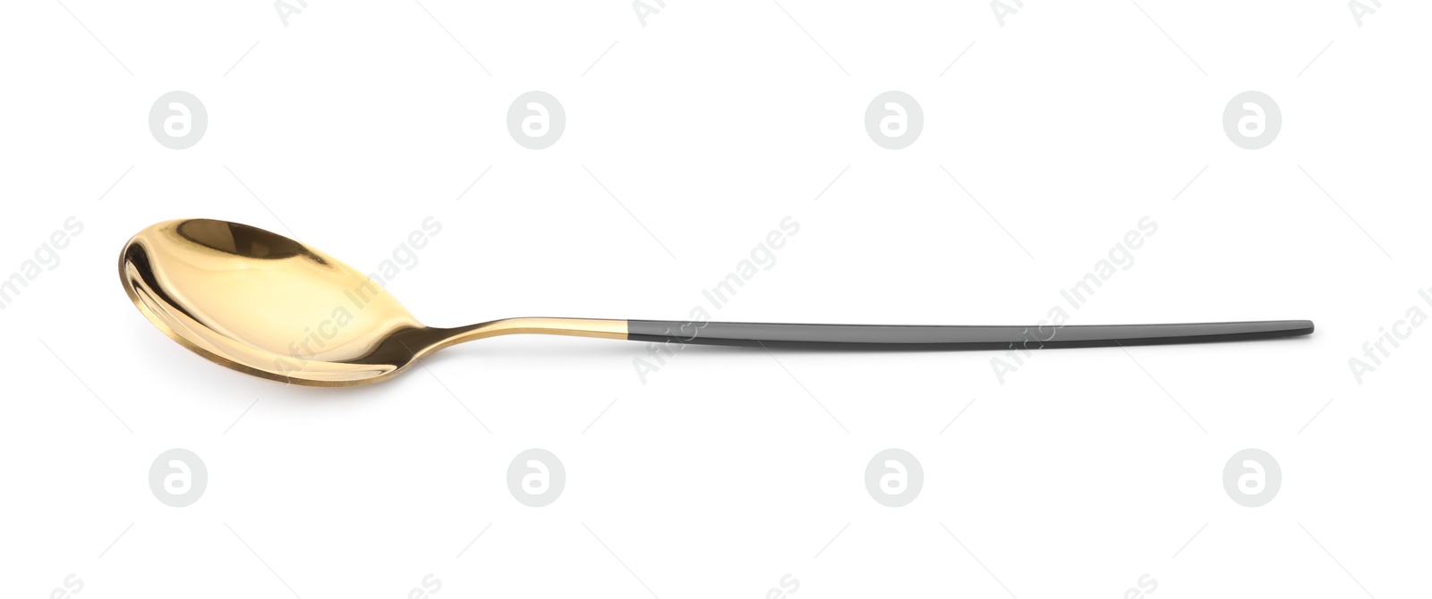 Photo of One shiny golden spoon with black handle isolated on white