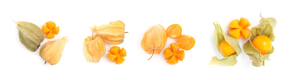 Set with tasty ripe physalis fruits on white background, top view. Banner design