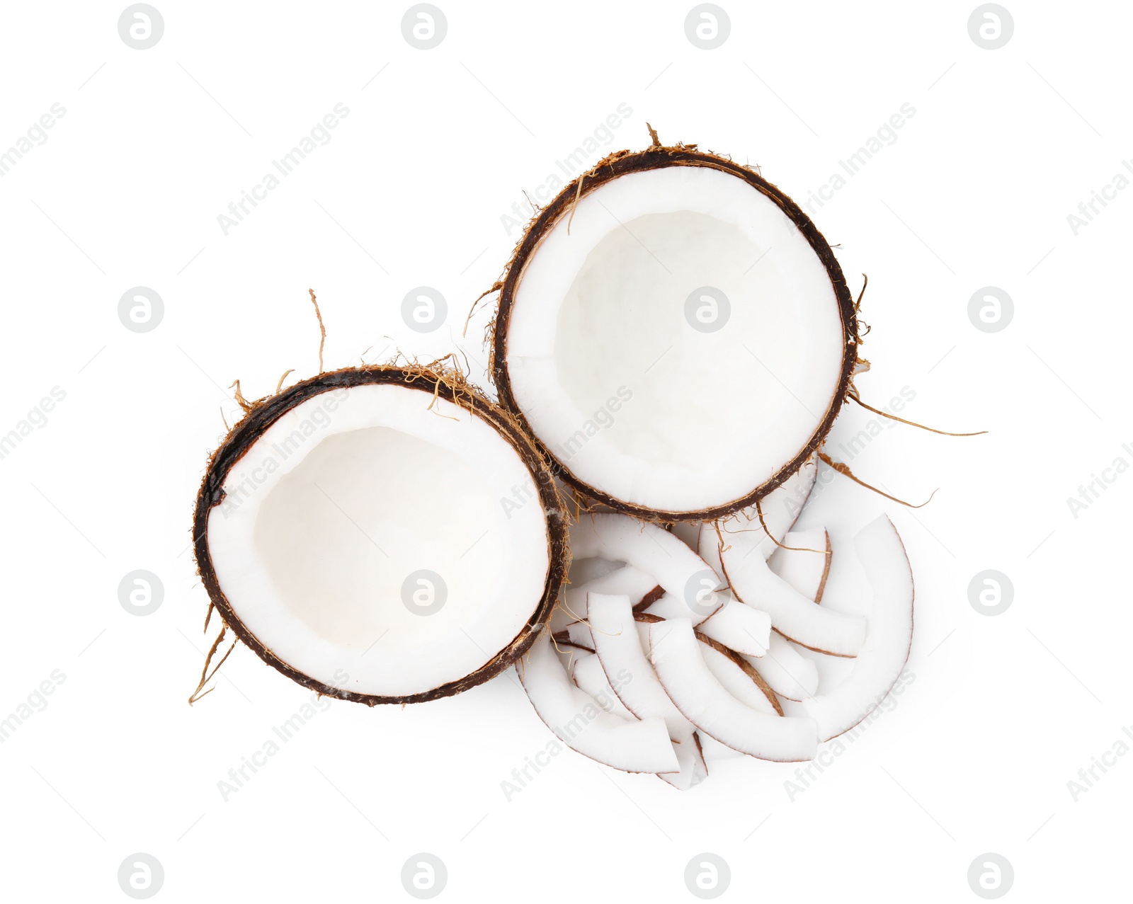 Photo of Pieces of fresh coconut isolated on white, top view