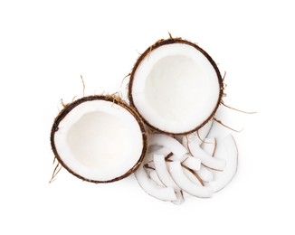 Pieces of fresh coconut isolated on white, top view